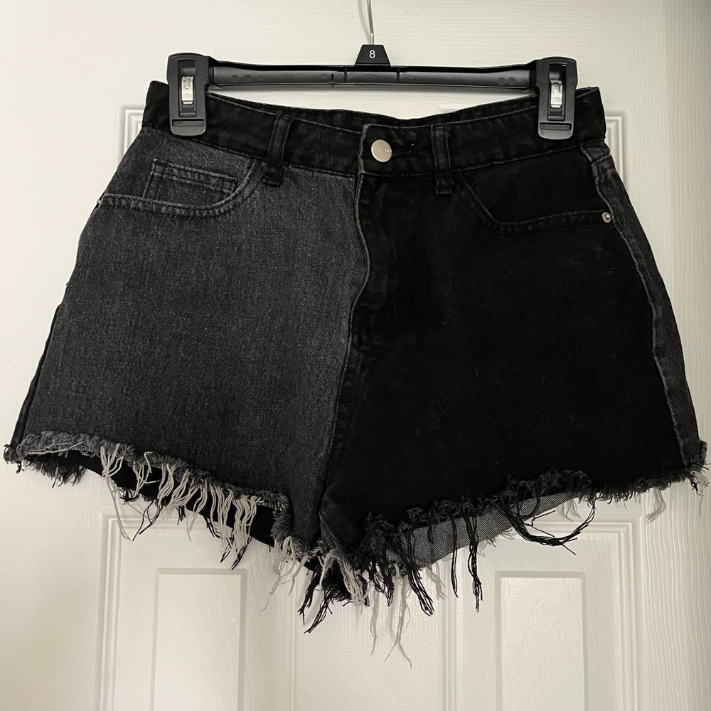 two-tone black and grey denim shorts